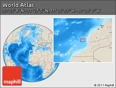 Shaded Relief Location Map of the Area around 31° 11' 6" N, 10° 58' 29" W