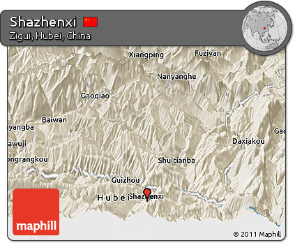 Shaded Relief Panoramic Map of Shazhenxi