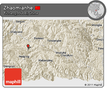 Shaded Relief Panoramic Map of Zhaomianhe