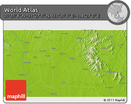 Physical 3D Map of the Area around 31° 11' 6" N, 113° 58' 29" E