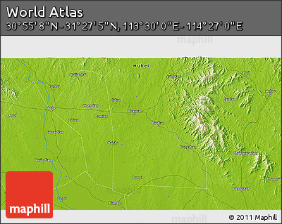 Physical 3D Map of the Area around 31° 11' 6" N, 113° 58' 29" E