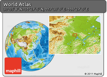 Physical Location Map of the Area around 31° 11' 6" N, 113° 58' 29" E