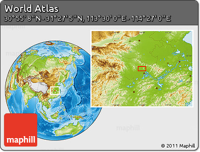 Physical Location Map of the Area around 31° 11' 6" N, 113° 58' 29" E