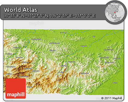 Physical 3D Map of the Area around 31° 11' 6" N, 116° 31' 30" E