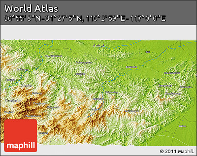 Physical 3D Map of the Area around 31° 11' 6" N, 116° 31' 30" E