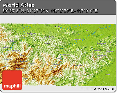 Physical 3D Map of the Area around 31° 11' 6" N, 116° 31' 30" E