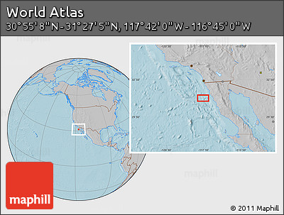 Gray Location Map of the Area around 31° 11' 6" N, 117° 13' 29" W, hill shading