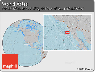 Gray Location Map of the Area around 31° 11' 6" N, 117° 13' 29" W, hill shading