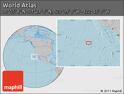 Gray Location Map of the Area around 31° 11' 6" N, 123° 10' 30" W, hill shading
