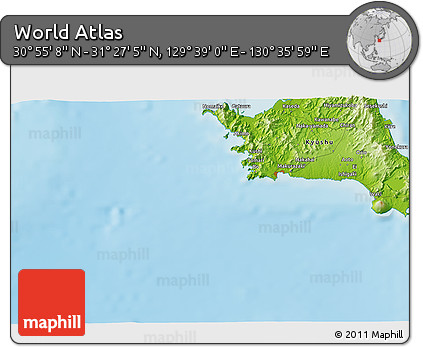Physical 3D Map of the Area around 31° 11' 6" N, 130° 7' 30" E