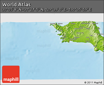 Physical 3D Map of the Area around 31° 11' 6" N, 130° 7' 30" E