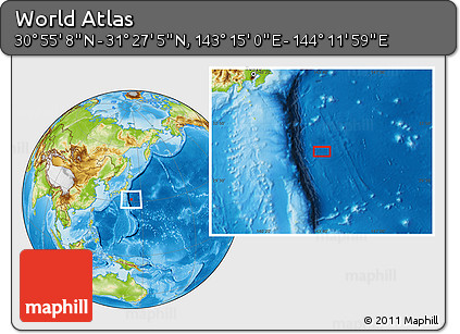 Physical Location Map of the Area around 31° 11' 6" N, 143° 43' 29" E
