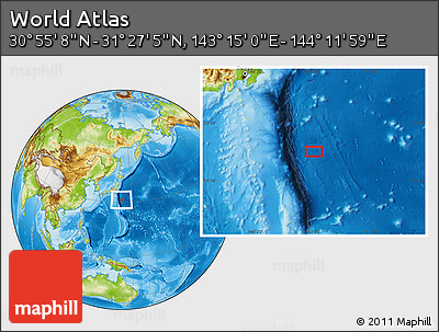 Physical Location Map of the Area around 31° 11' 6" N, 143° 43' 29" E