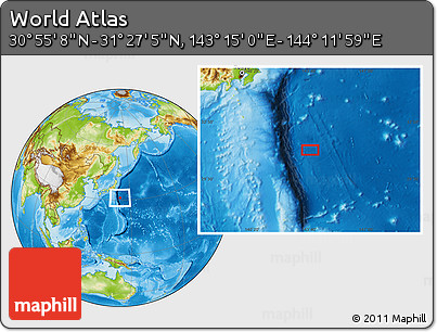 Physical Location Map of the Area around 31° 11' 6" N, 143° 43' 29" E