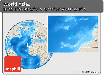 Shaded Relief Location Map of the Area around 31° 11' 6" N, 15° 13' 29" W