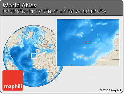 Shaded Relief Location Map of the Area around 31° 11' 6" N, 15° 13' 29" W