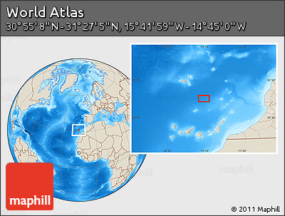 Shaded Relief Location Map of the Area around 31° 11' 6" N, 15° 13' 29" W