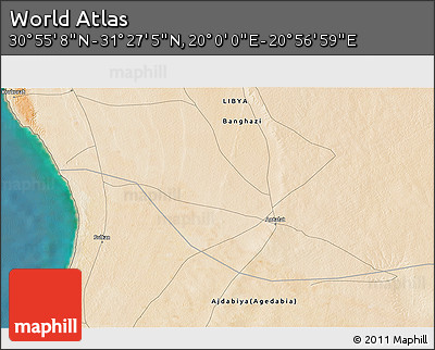 Satellite 3D Map of the Area around 31° 11' 6" N, 20° 28' 30" E