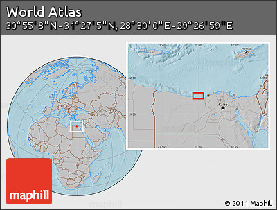 Gray Location Map of the Area around 31° 11' 6" N, 28° 58' 30" E, hill shading