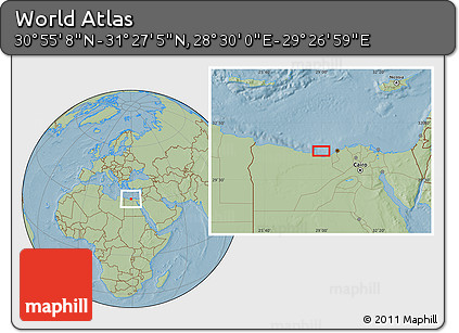 Savanna Style Location Map of the Area around 31° 11' 6" N, 28° 58' 30" E, hill shading