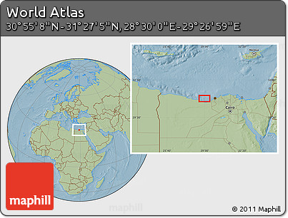 Savanna Style Location Map of the Area around 31° 11' 6" N, 28° 58' 30" E, hill shading