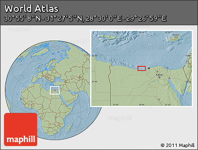 Savanna Style Location Map of the Area around 31° 11' 6" N, 28° 58' 30" E, hill shading
