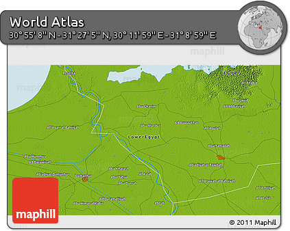 Physical 3D Map of the Area around 31° 11' 6" N, 30° 40' 29" E