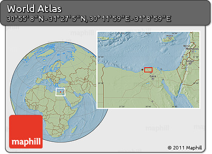 Savanna Style Location Map of the Area around 31° 11' 6" N, 30° 40' 29" E, hill shading