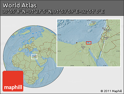 Savanna Style Location Map of the Area around 31° 11' 6" N, 32° 22' 30" E, hill shading