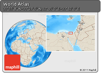 Shaded Relief Location Map of the Area around 31° 11' 6" N, 33° 13' 30" E