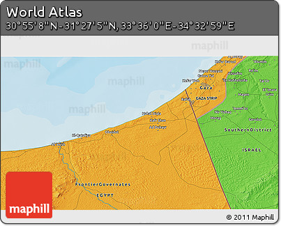 Political 3D Map of the Area around 31° 11' 6" N, 34° 4' 30" E