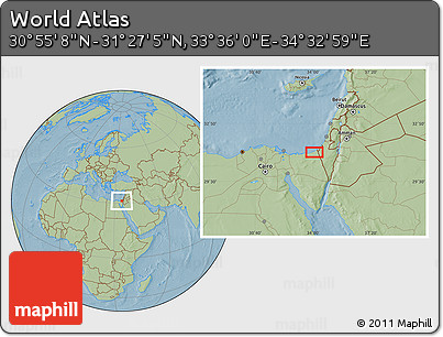 Savanna Style Location Map of the Area around 31° 11' 6" N, 34° 4' 30" E, hill shading