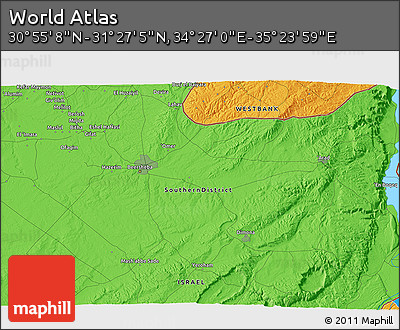 Political 3D Map of the Area around 31° 11' 6" N, 34° 55' 29" E