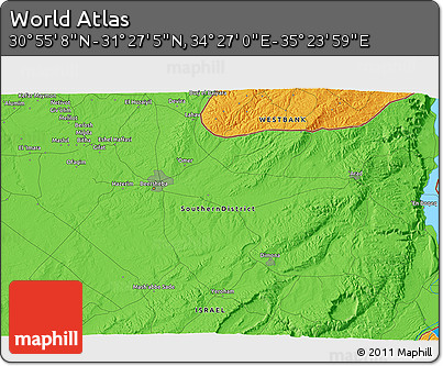 Political 3D Map of the Area around 31° 11' 6" N, 34° 55' 29" E
