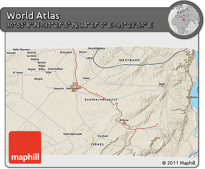 Shaded Relief 3D Map of the Area around 31° 11' 6" N, 34° 55' 29" E