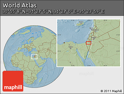 Savanna Style Location Map of the Area around 31° 11' 6" N, 34° 55' 29" E, hill shading