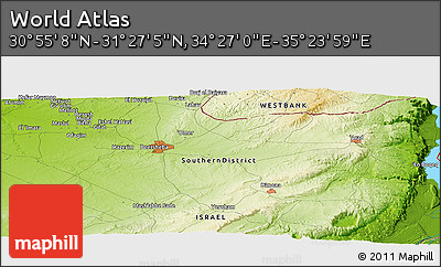 Physical Panoramic Map of the Area around 31° 11' 6" N, 34° 55' 29" E
