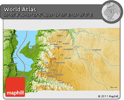 Physical 3D Map of the Area around 31° 11' 6" N, 35° 46' 29" E