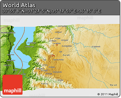 Physical 3D Map of the Area around 31° 11' 6" N, 35° 46' 29" E