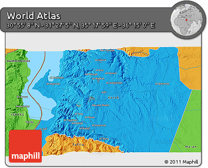 Political 3D Map of the Area around 31° 11' 6" N, 35° 46' 29" E