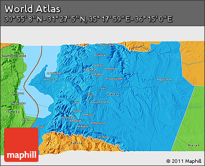 Political 3D Map of the Area around 31° 11' 6" N, 35° 46' 29" E