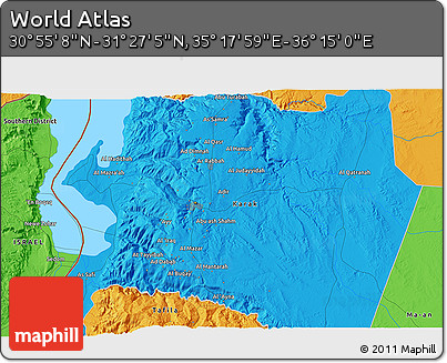 Political 3D Map of the Area around 31° 11' 6" N, 35° 46' 29" E