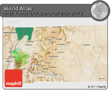 Satellite 3D Map of the Area around 31° 11' 6" N, 35° 46' 29" E