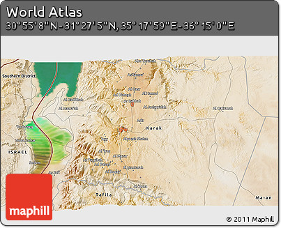 Satellite 3D Map of the Area around 31° 11' 6" N, 35° 46' 29" E