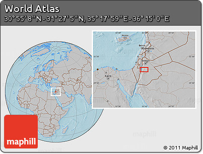 Gray Location Map of the Area around 31° 11' 6" N, 35° 46' 29" E, hill shading