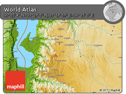 Physical Map of the Area around 31° 11' 6" N, 35° 46' 29" E