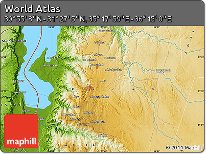 Physical Map of the Area around 31° 11' 6" N, 35° 46' 29" E