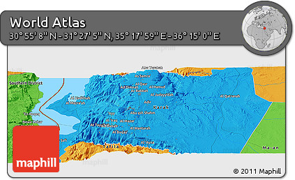 Political Panoramic Map of the Area around 31° 11' 6" N, 35° 46' 29" E
