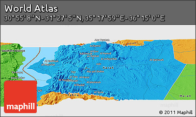Political Panoramic Map of the Area around 31° 11' 6" N, 35° 46' 29" E