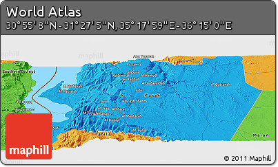 Political Panoramic Map of the Area around 31° 11' 6" N, 35° 46' 29" E